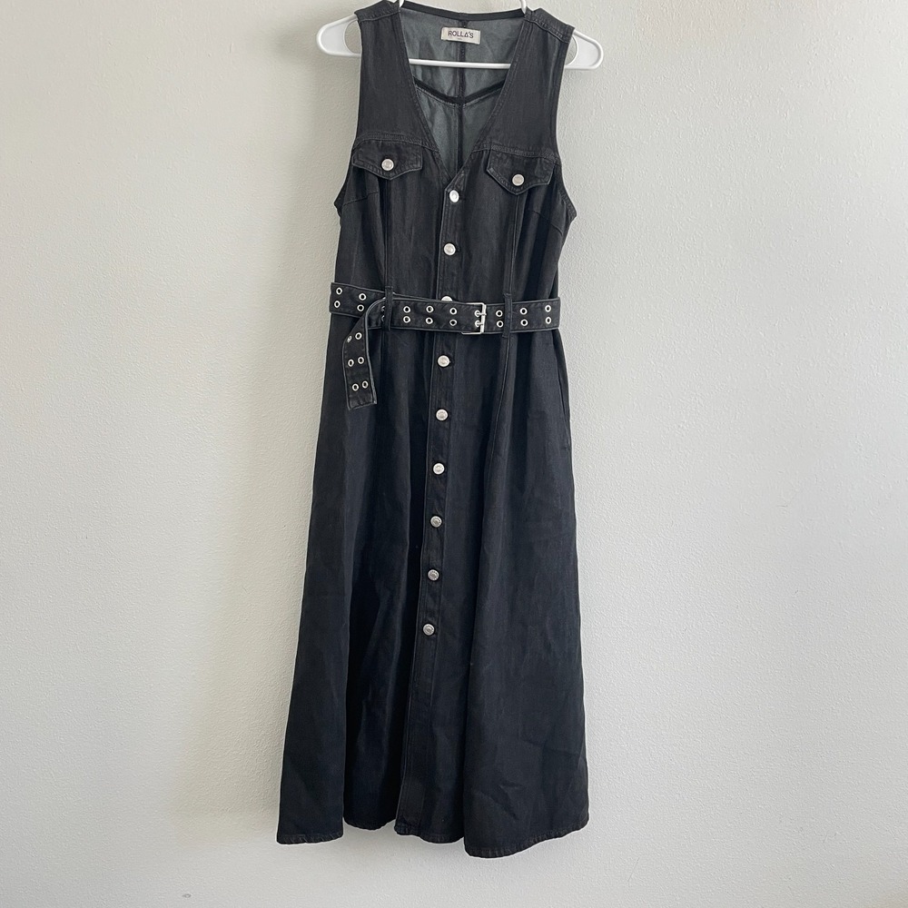 Rollas Denim Dress Midi Women 12 L Black Belted Button Front Rodeo Midi Cowgirl